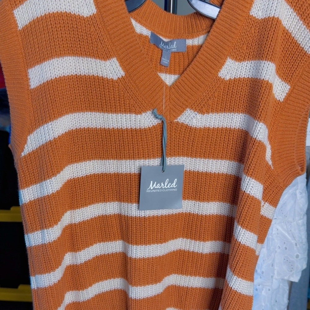 Marled Orange & Cream Striped V-Neck Knit Vest